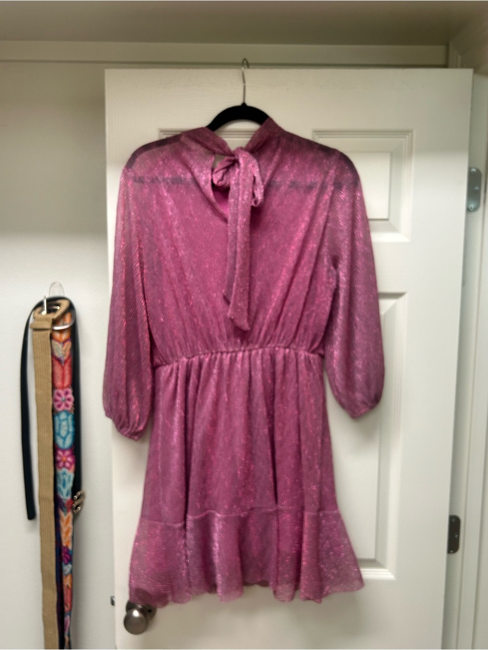 Pink Metallic Tie-Neck Long Sleeve Mini Dress